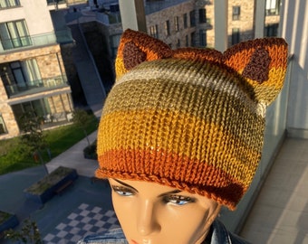 Cat Beanie , Cat Ear Flap Hat, Crochet Striped Animal Beanie for Mens, Knit Cat Hat for Women Beanie with Fox Ears Unisex Wolf Ears Hat