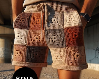 Pantalones cortos de ganchillo estilo abuela boho, pantalones cortos boho marrones para hombre, pantalones cortos étnicos coloridos para hombre, pantalones cortos de punto hechos a mano para verano, pantalones cortos de ganchillo estilo hippie