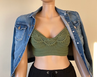Virkad halternecktopp, modern topp, sommarkläder, festivalkort topp, grön festivalbralette, virkad bikinitopp för kvinnor med rygglös topp, bomullstopp