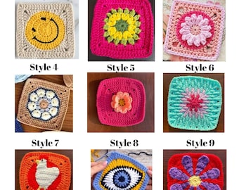 May include: Nine colorful crochet squares, each with a unique design. Styles include a smiley face, flowers, and geometric patterns. The squares are in various colors, including pink, orange, blue, and green. The text "Style" and a number are above each square.