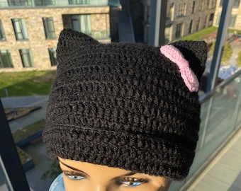 Cat Ear Beanie, Cat Ear Flap Hat, Crochet Ribbon Animal Beanie, Knit Cat Ear Hat for Women Beanie with Animal Ears Unisex Wolf Ears Hat