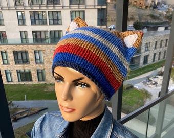Cat Ear Beanie, Cat Ear Flap Hat, Crochet Striped Animal Beanie, Knit Cat Hat for Women Beanie with Fox Ears Unisex Wolf Ears Hat