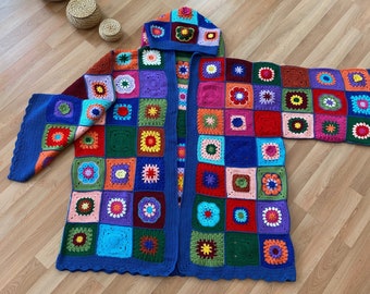 Oversized Cardigan, Plus Size Womens Clothing, Hooded Granny Square Crochet Cardigan, Bohemian Cardigan, Open Front Cardigan, 4XL, 5XL, 6XL