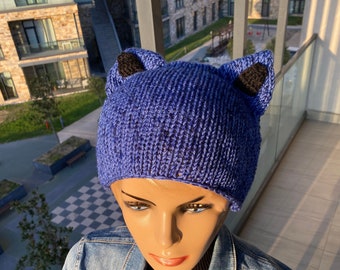 Cat Ear Beanie, Cat Ear Flap Hat, Men Crochet Striped Animal Beanie, Knit Cat Hat for Women Beanie with Fox Ears Unisex Wolf Ears Hat