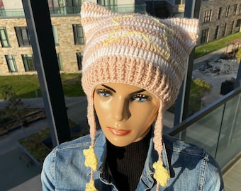 Cat Ear Beanie with Stars, Cat Ear Flap Hat, Crochet Striped Animal Beanie, Knit Cat Hat for Women Beanie with Fox Ears Unisex Wolf Ears Hat