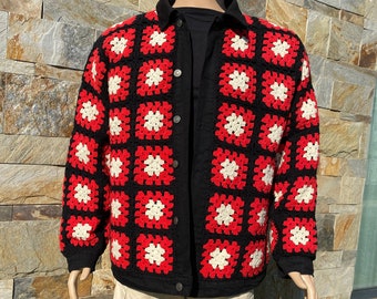 Crochet Denim Jacket, Black Jean Jacket for Mens Women, Handmade Clothes, Granny Squares Unisex Vest Cardigan Men, Black &Red Coats