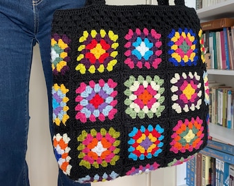 Granny Square Bag, Crochet Bag, Black Crochet Purse For Women, Crochet Tote Bag, Colorful Crochet Afghan Bag, Boho Crochet Shoulder Bag