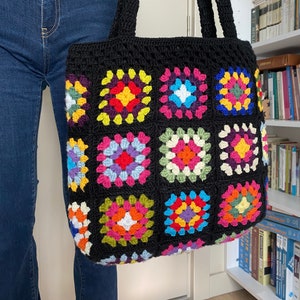 Granny Square Bag, Crochet Bag, Black Crochet Purse For Women, Crochet Tote Bag, Colorful Crochet Afghan Bag, Boho Crochet Shoulder Bag
