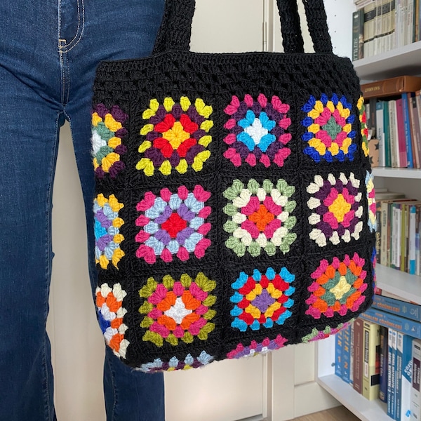 Granny Square Bag, Crochet Bag, Black Crochet Purse For Women, Crochet Tote Bag, Colorful Crochet Afghan Bag, Boho Crochet Shoulder Bag