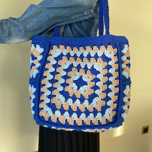 Crochet Bag, Crochet Tote Bag for Women, Brown/Navy Blue Granny Square Crochet Purse, Evil Eye Hippie Bag, Shoulder Crochet Bag, Boho Purse
