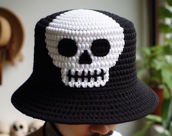 Skull Bucket Hat Mens, Hippie Skull Crochet Men Bucket Hats, Boho Skeleton Bucket Hat for Men, Bohemian Knit Unisex Hat Men Gift for Couples