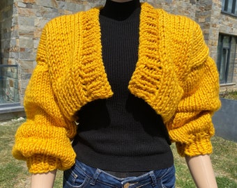 Crop Knit Cardigan for Woman, Hand Knit Crop Jacket Women, Chunky Cardigan, Colorful Oversized Sweater, Cropped Cardigan