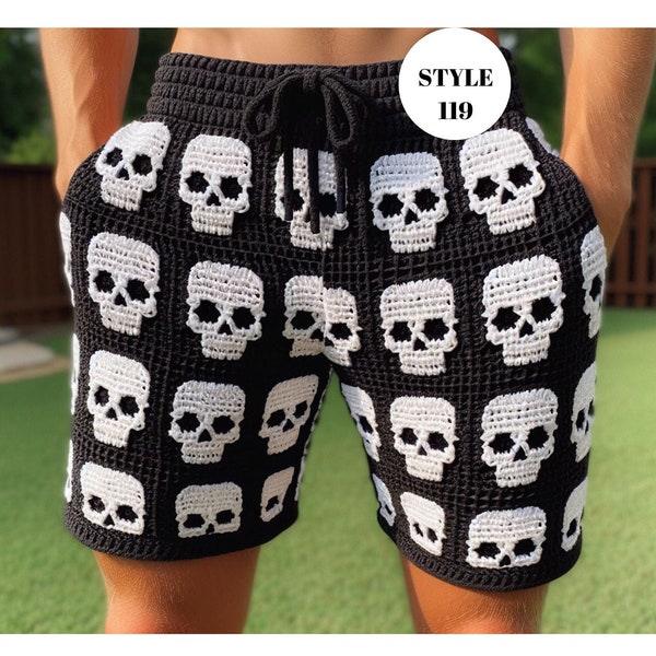 Skull Men Shorts, Skull Crochet Short Pants for Men, Skeleton Summer Short Trousers Mens Gift for Boyfriend, Crochet Short for Beach