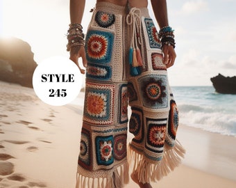 May include: Crocheted patchwork pants with a beige base and colorful square patterns. The pants feature fringe at the hem and a drawstring waist. The text "STYLE 245" is displayed on the image.