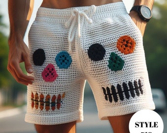 Mens Skull Crochet Shorts, Skeleton Crochet Short for Men, Colorful Summer Short Men, Funny Crochet Beach Short Festival Hand Knit Men Short