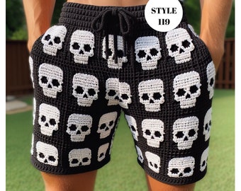 Skull Men Shorts, Skull Crochet Short Pants for Men, Skeleton Summer Short Trousers Mens Gift for Boyfriend, Crochet Short for Beach