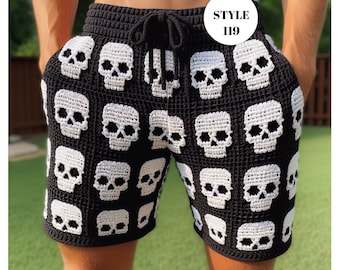 Totenkopf-Männer-Shorts, Totenkopf-Häkel-Kurzhose für Männer, Skelett-Sommer-Kurzhose, Herren-Geschenk für Freund, Häkel-Shorts für den Strand