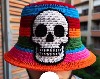 Rainbow Skull Bucket Hats for Men, Colorful Rave Festival Outfit, Skull Crochet Bucket Festival Hats Men, Crochet Skeleton Bucket Hat Gift