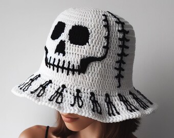 Skull Bucket Hats for Women, Bohemian Skull Crochet Bucket Hats, Boho Skeleton Bucket Hat, Crochet Skull Bucket Hat, Unisex Festival Hat