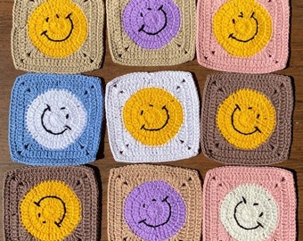 Smiley Face Crochet Squares Kit, Finished Square Kit, Crochet Kit, Ready Afghan Granny Squares Ornament, Crochet Supply, Crocheted Squares