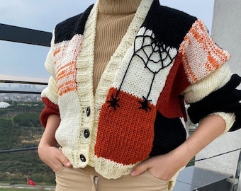 Halloween Cardigan for Women & Men, Halloween Knit Sweater with Embroidery Spider, Gift Ideas for Halloween, Halloween Couple Costume