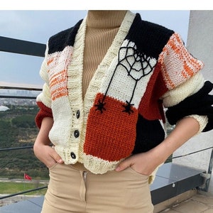 Halloween Cardigan for Women & Men, Halloween Knit Sweater with Embroidery Spider, Gift Ideas for Halloween, Halloween Couple Costume