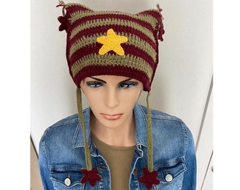 Cat Ear Beanie with Stars, Cat Ear Flap Hat, Crochet Striped Animal Beanie, Knit Cat Hat for Women Beanie with Fox Ears Unisex Wolf Ears Hat