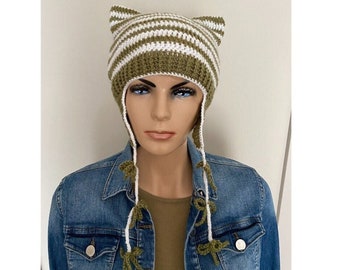 Cat Ear Striped Beanie, Unisex Crocheted Cat Ear Beanie, Striped Cat Ear Beanie, Crochet Kitty Cat Ear Hat Striped Knitted Beanie with Stars