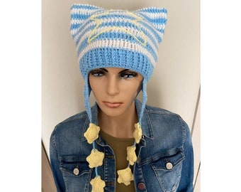 Cat Ear Beanie with Stars, Cat Ear Flap Hat, Crochet Striped Animal Beanie, Knit Cat Hat for Women Beanie with Fox Ears Unisex Wolf Ears Hat