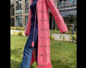 Granny Square Cardigan, Midi Crochet Cardigan, Long Sleeve Pink Maxi Crochet Top, Oversized Coat for Women