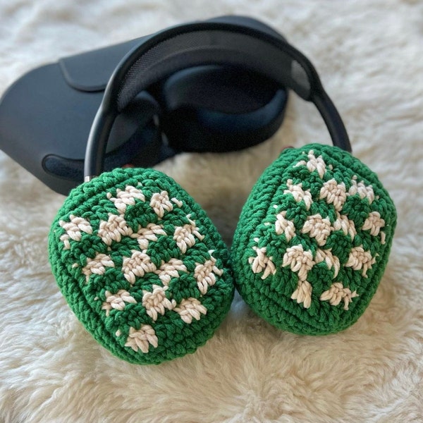 100% Handmade Green White Checkered Crochet AirPods Max Headphone Covers, Checkered Crochet AirPods Max Case, Handmade Gift For Girlfriend