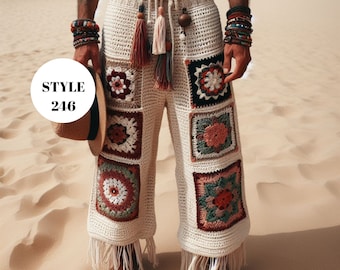 May include: White crochet pants with a patchwork design featuring colorful floral motifs. The pants have a drawstring waist and fringe detailing.