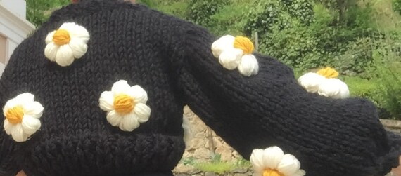 Daisy Cardigan for Woman, Black Hand Knit Jacket Women, Chunky