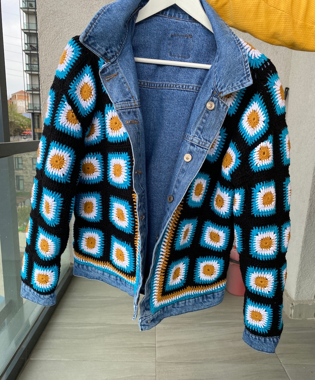 Crochet Denim Jacket Mens With Crochet Sleeves, Sided Mens Jean