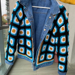 Reversible Crochet Denim Jacket Mens, 2 Sided Mens Jean Knit Coat, Gender-Neutral Crochet Cardigan, Granny Square Unisex Jacket
