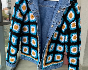 Reversible Denim Jacket for Women & Men, 2 Sided Jean Coat, Gender-Neutral Crochet Cardigan, Granny Square Unisex Vest, Bridal Bohemian Vest