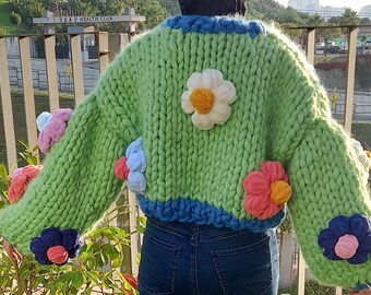 Daisy Knit Jacket, Oversized Floral Cardigan, 3D Fluffy