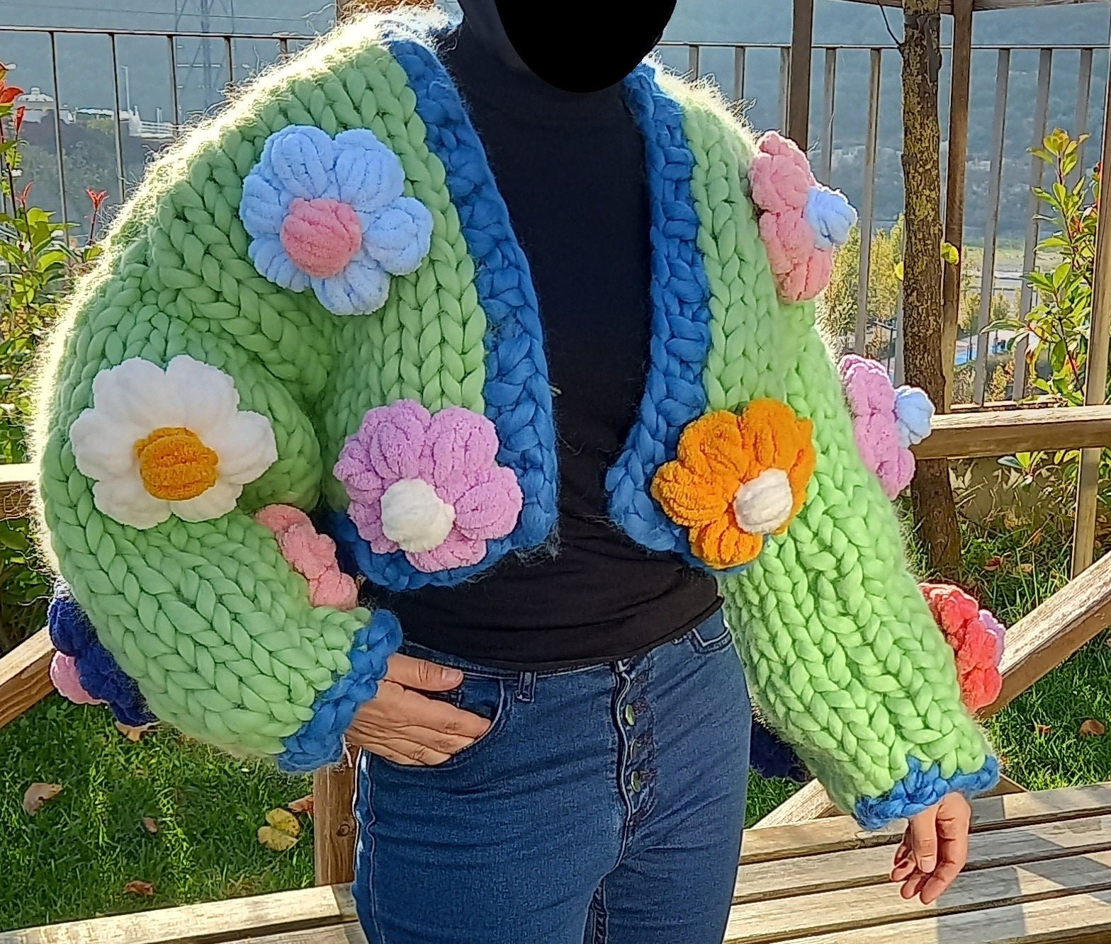 Daisy Knit Jacket, Oversized Floral Cardigan, 3D Fluffy Flowers