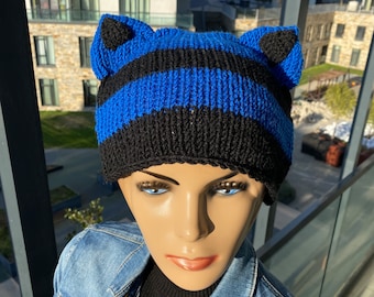 Crochet Striped Animal Beanie, Mens Cat Ear Beanie, Cat Ear Flap Hat, Knit Cat Hat for Women Beanie with Fox Ears Unisex Wolf Ears Hat