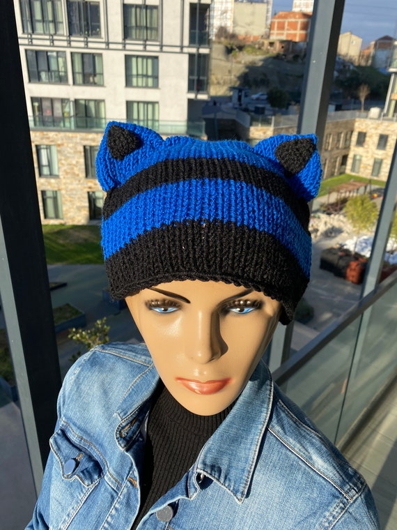 Crochet Striped Animal Beanie, Mens Cat Ear Beanie, Cat Ear Flap Hat, Knit  Cat Hat for Women Beanie with Fox Ears Unisex Wolf Ears Hat