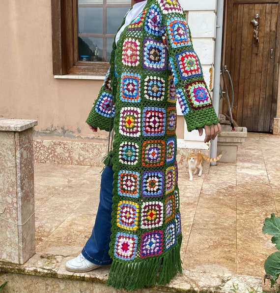 Crochet Cardigan, Granny Square Boho Crochet Long Cardigan, Green 