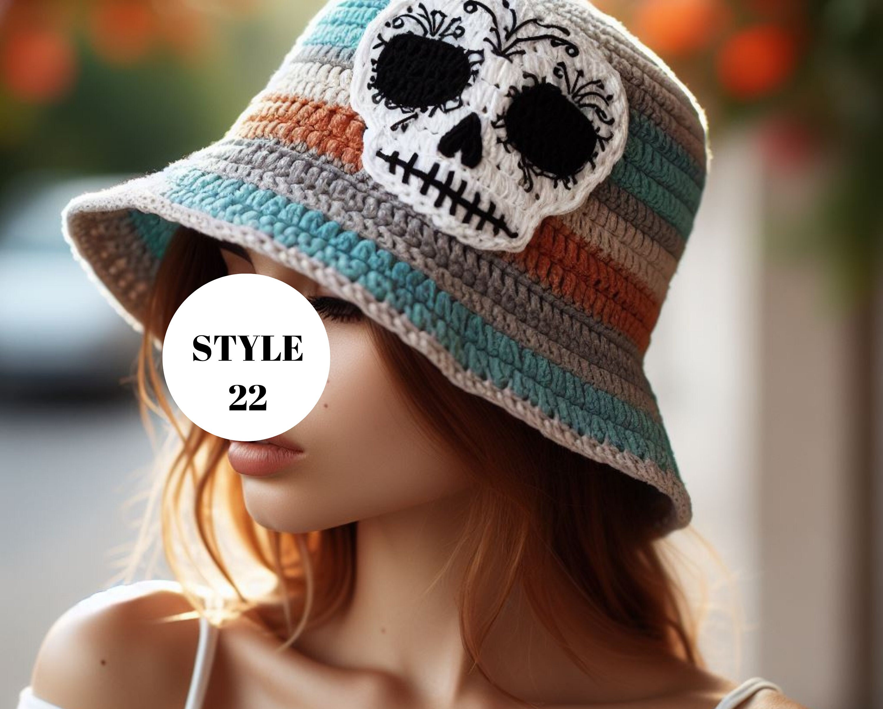 激安通販新作 Skull Bucket Hats for Women, Bohemian Skull Crochet Bucket Clothing
