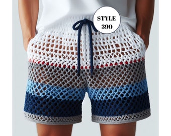 Pantalones cortos de crochet transparentes para hombre, pantalones cortos transparentes para hombre, pantalones cortos de malla de punto para hombre, pantalones cortos de crochet para hombre, pantalones cortos de playa transparentes de crochet