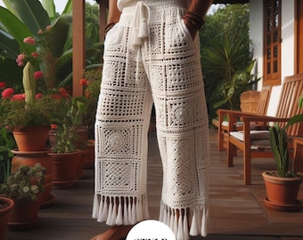 May include: Off-white crochet pants featuring a square-patterned knit design, an elasticized waistband with a drawstring and tassels, and a fringed hem. The pants are labeled with the text STYLE 250.
