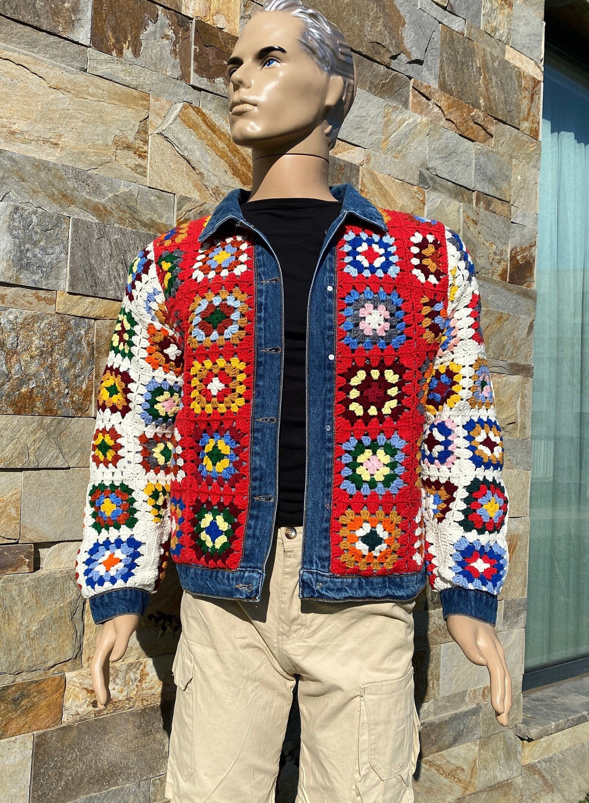 Crochet Denim Jacket, Reversible Jean Jacket for Mens Women