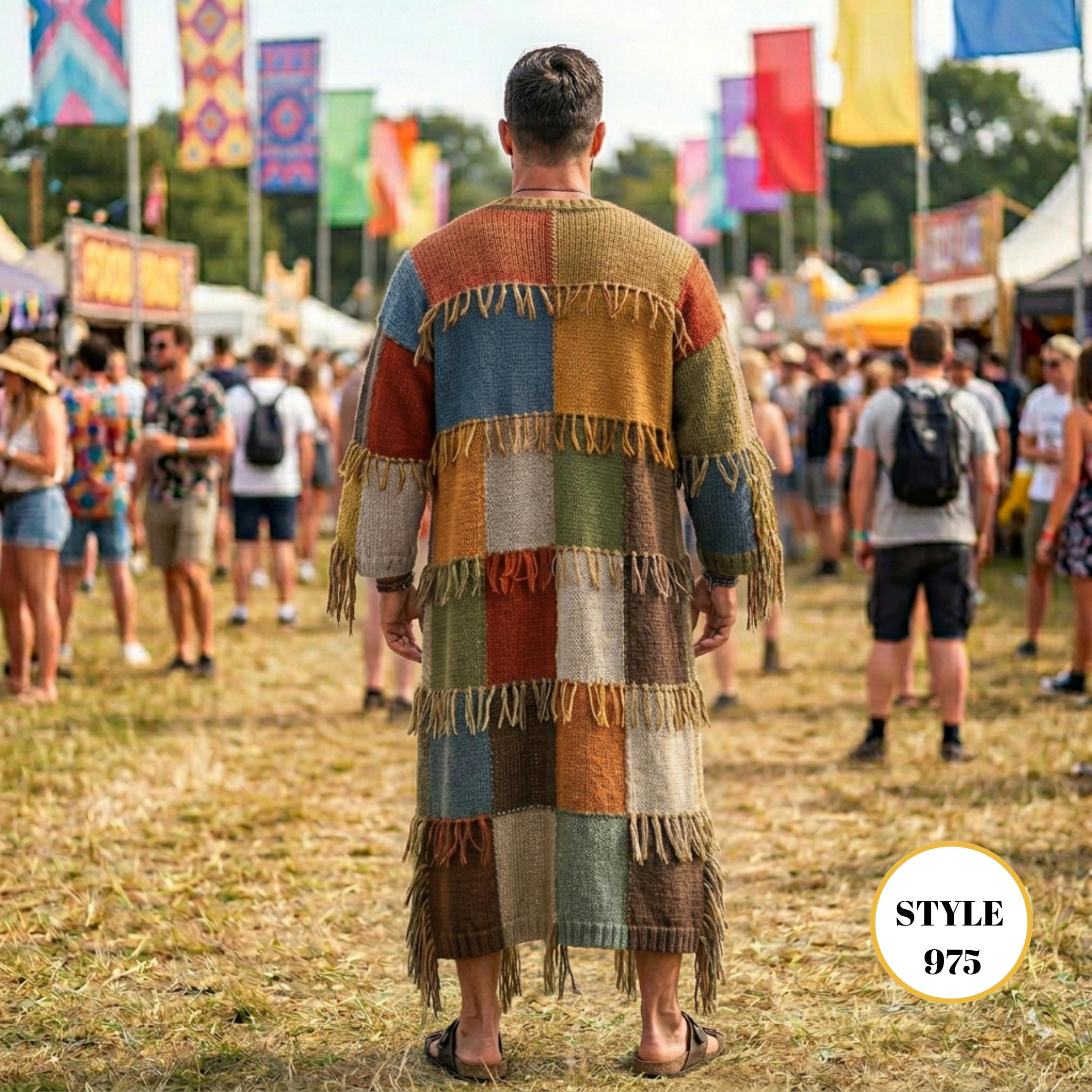 Patchwork Rave Men's Patchwork Long Cardigan, Mens Moss Festival Outfit, Knit Duster ...