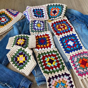 Granny Square Scarf, Cream Crochet Scarf, Hand Knitted Afghan Scarf, Christmas Gift for Her, Multicolour Scarves with Tassel image 10
