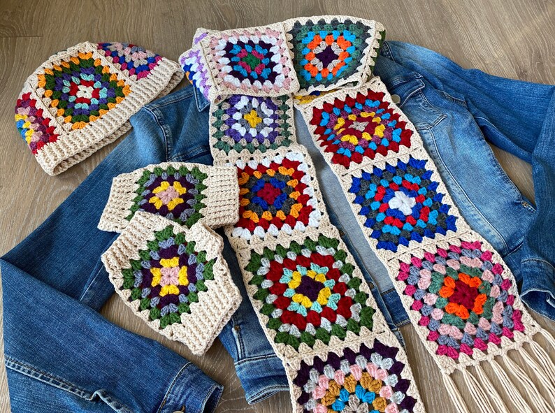 Granny Square Scarf, Cream Crochet Scarf, Hand Knitted Afghan Scarf, Christmas Gift for Her, Multicolour Scarves with Tassel image 10