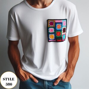 Festival Shirt with Crocheted Patch, Unisex Festival T-Shirt for Party, Short Sleeves Basic Men Shirt with Crochet Granny Square Pocket