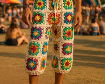 Virkade festivalbyxor för män, virkade midibyxor för män, virkade byxor för män, fyrkantiga bohobyxor för män, stickade festivalbyxor för män